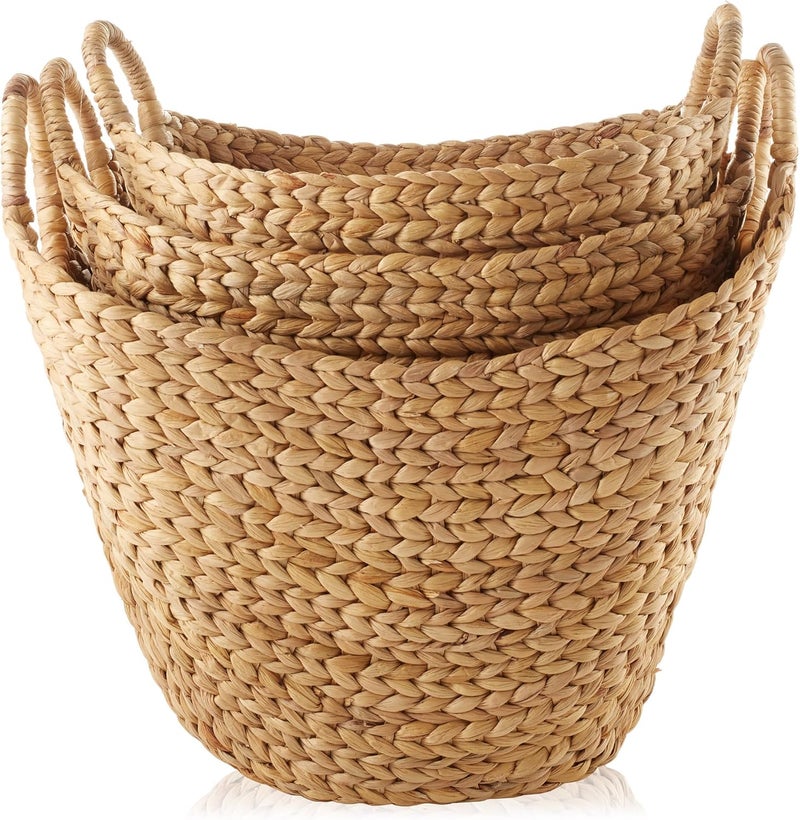 Casafield Set of 3 Multipurpose Boat Baskets with Handles - Natural, Woven Water Hyacinth Storage Organizers for Throw Blankets, Bedroom, Living Room, Laundry - Image 4